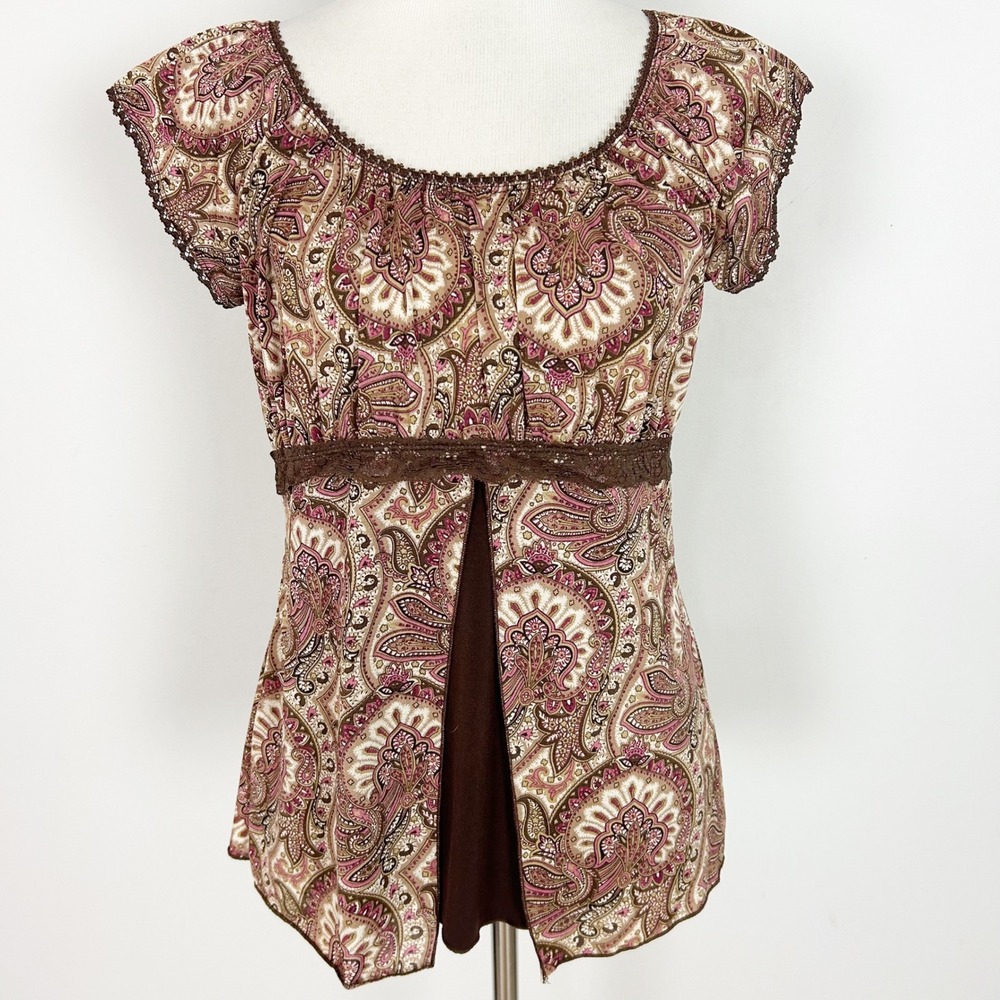Y2K Agenda Top Brown Paisley Lace Trim Empire Waist Boho Babydoll Sz XL Women's